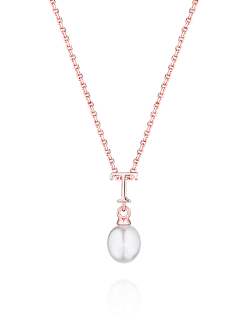 Gold-plated silver necklace with a pendant with the letter T and a pearl, 1