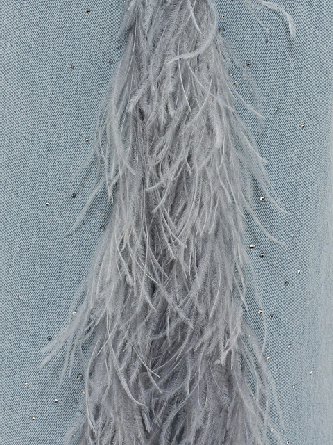 Blue Denim Maxi Skirt With Slit And Feathers, 4