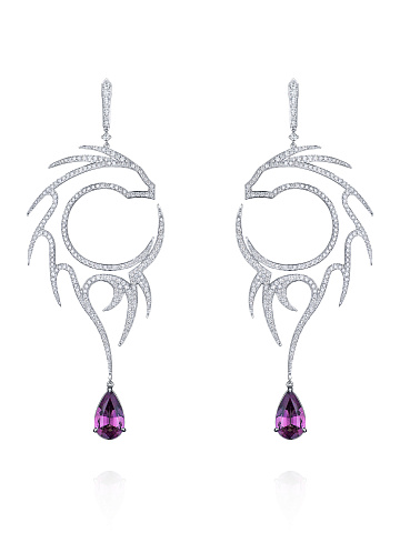 Pear Garnet, Round Diamond & White Gold Earrings, 1