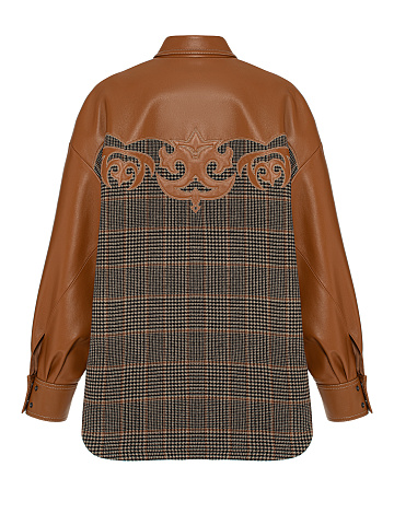 Brown Leather Trim Houndstooth Wool Shirt, 2