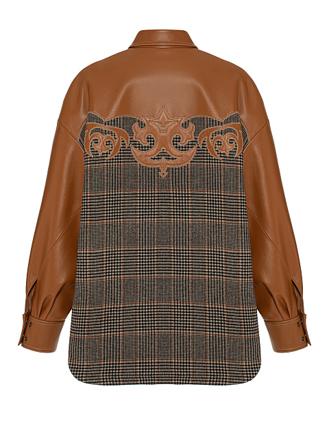 Brown Leather Trim Houndstooth Wool Shirt, 2