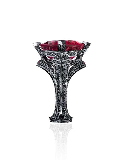 Black Round Diamond, Oval Ruby & Black Gold Ring, 2