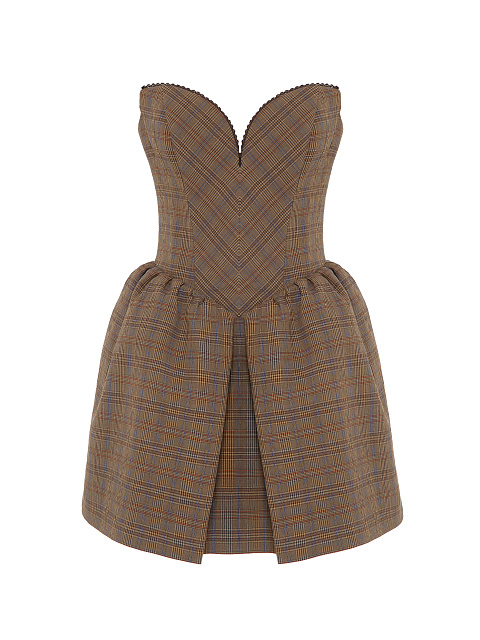 Brown Check Cotton Mini Dress, 1