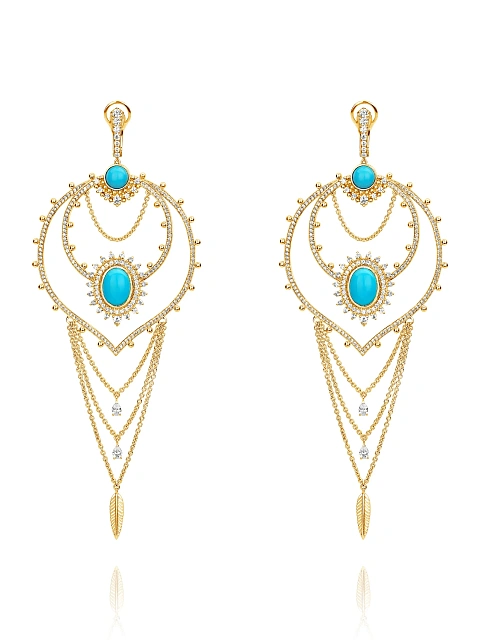 Long gold-plated silver earrings with turquoise and cubic zirconia, 1