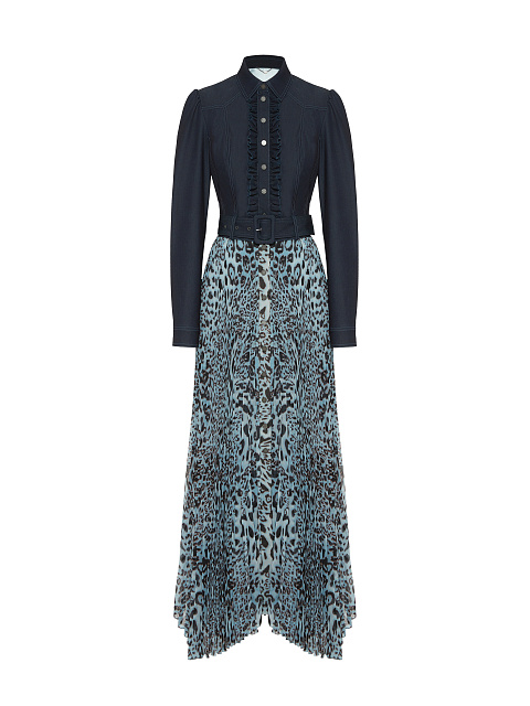 Blue Denim & Chiffon Pleated Dress, 1