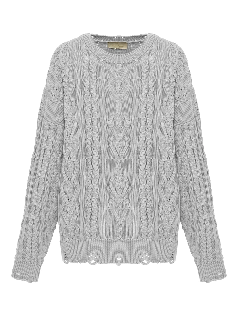Light Grey Unisex Cable Knit Cotton Sweater, 1