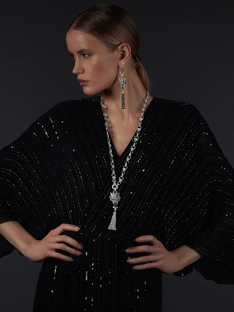 White Gold Emerald & Diamond Tiger Tassel Earrings, 5