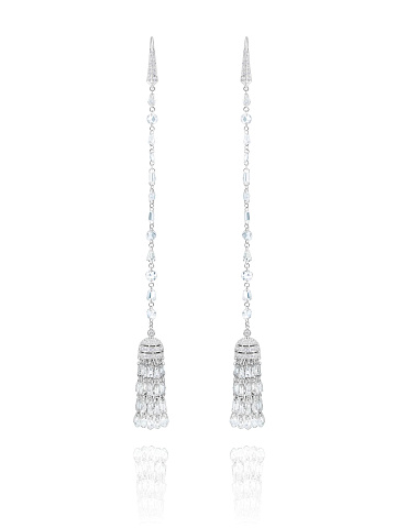 White gold tassel earrings with baguette-cut diamonds, 1