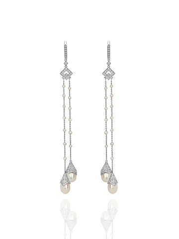 White Gold, Clear Topaz & Pearls Drop Earrings, 1