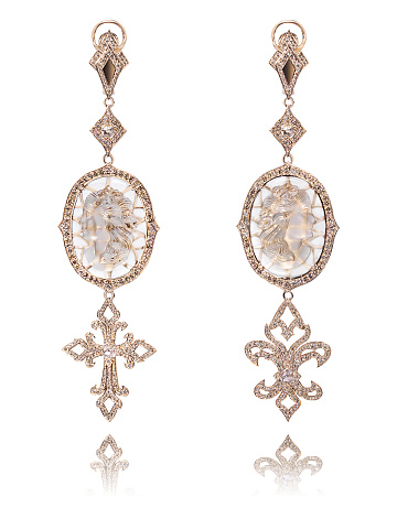 Rose Gold Cameo & Diamonds Earrings, 1