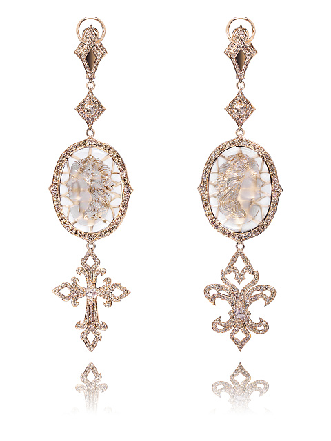Rose Gold Cameo & Diamonds Earrings, 1