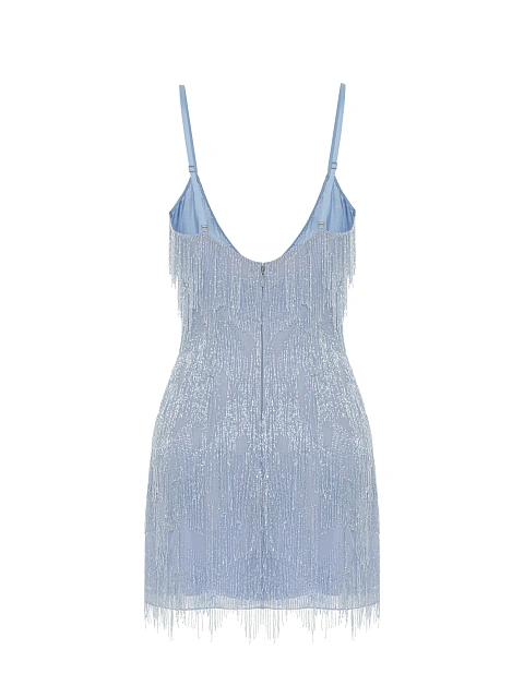 Light Blue Beaded Fringe Chiffon Mini Dress, 2