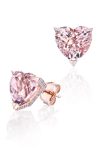 Pink gold stud earrings with heart-cut morganite and round diamonds, 1