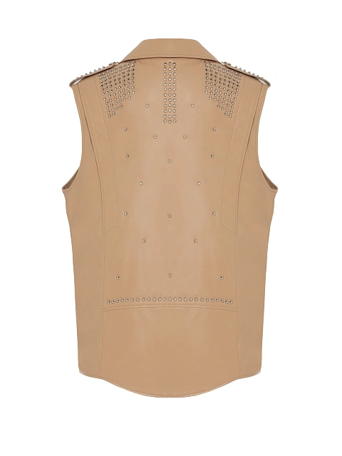Beige Studded Leather & Shearling Vest, 2