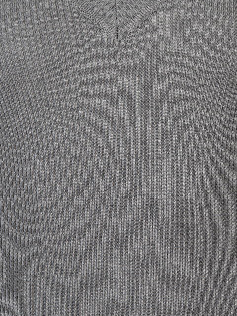 Grey Ribbed Cotton V-Neck Bodysuit, 3