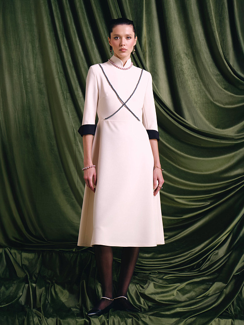 Milk midi dress with black pearls, 5