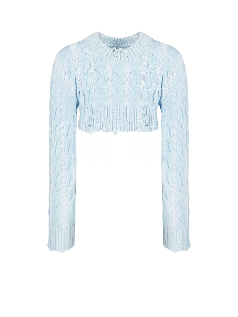 Light Blue Distressed Cable Knit Super Cropped Sweater, 1