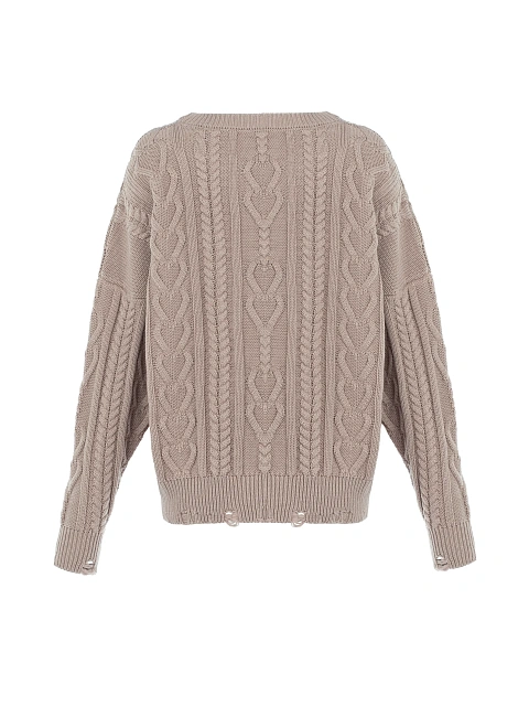 Dust Beige Distressed Cable Knit Sweater, 2