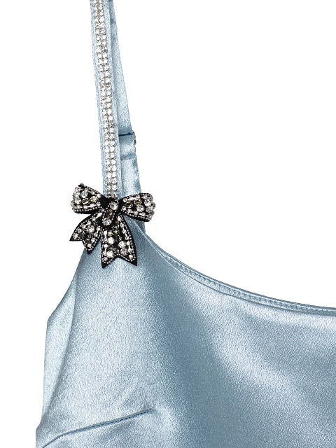 Blue Satin Mini Dress With Rhinestone Bows, 6