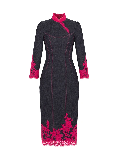 Black Pink Lace Trim Denim Midi Dress, 1