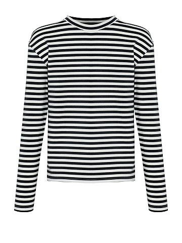 Black and white cotton striped top with red print, 1