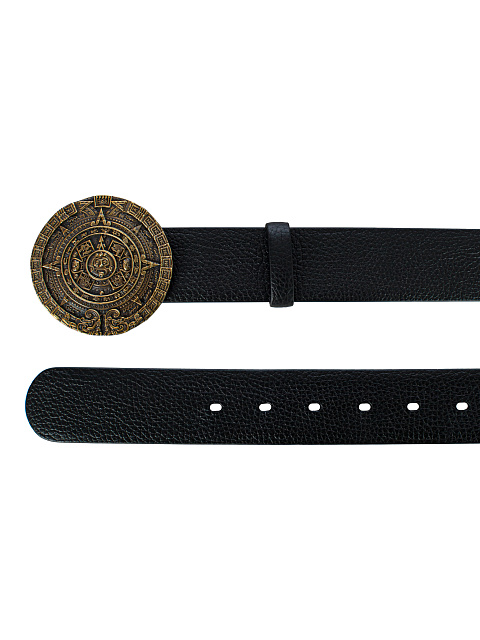 Black Leather Round Buckle Wide Belt, 2