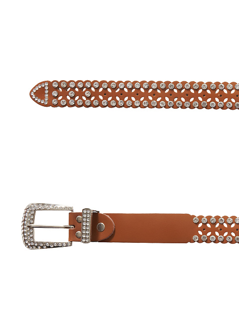 Brown Rhinestone Perforated Faux Leather Belt, 2