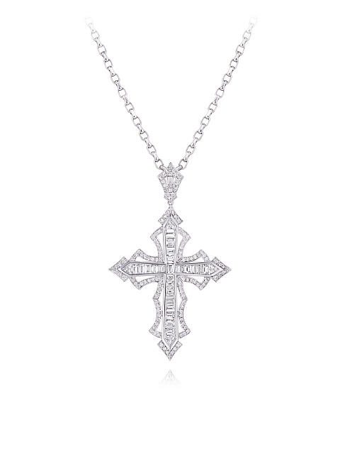 Necklace with cross pendant in white gold with diamonds, 1
