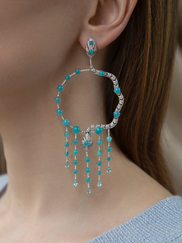 White Gold & Paraiba Tourmalines Snake Hoop Earrings, 2
