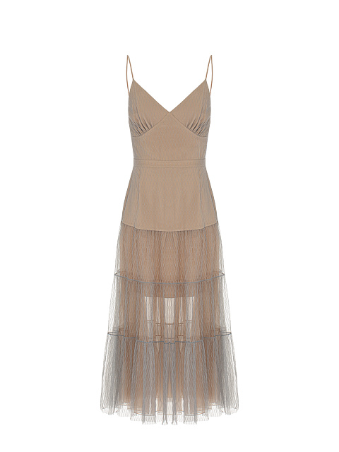 Beige Mesh & Organza Midi Dress, 1