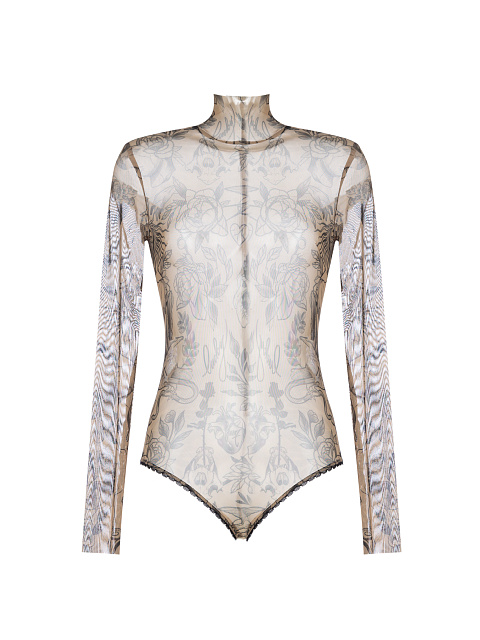 Beige Tattoo Printed Long Sleeve Bodysuit, 1