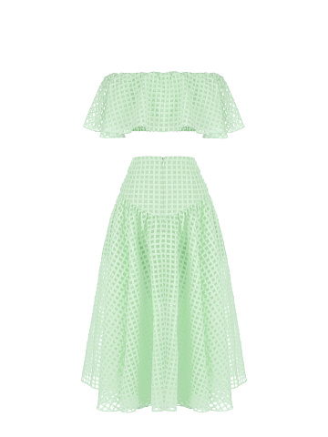 Lime Green Checked Chiffon Top & Midi Skirt, 2