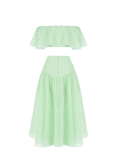 Lime Green Checked Chiffon Top & Midi Skirt, 2