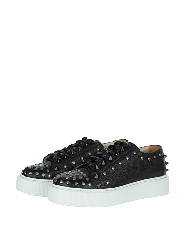 Black Leather Studded Chunky Sneakers, 1