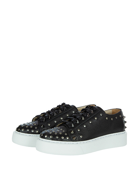 Black Leather Studded Chunky Sneakers, 1