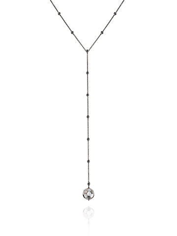 Tie necklace in blackened gold with diamonds and a mother-of-pearl pendant, 1