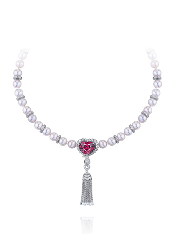 White Gold Heart-Shaped Garnet & Tourmaline & Diamond & Pearl Necklace, 1