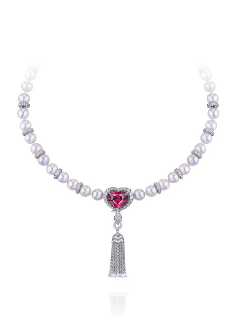 White Gold Heart-Shaped Garnet & Tourmaline & Diamond & Pearl Necklace, 1