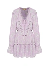 Платье-мини сиреневое в белые цветы, V-вырез с завязкой, длинный рукав, талия на резинке, воланы