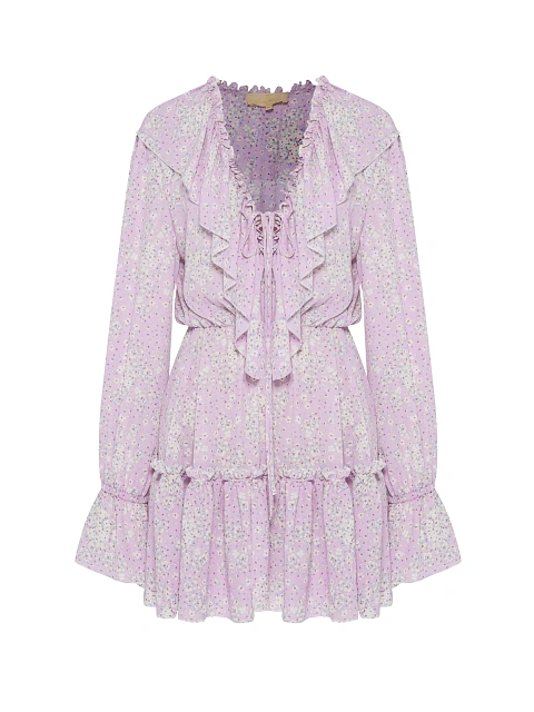 Lilac mini dress with floral print and ruffles, 1