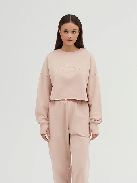 Tonal Embroidery Bad Girls Club Light Beige Jersey Set, 8