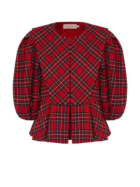 Red cropped check jacket with voluminous sleeves, 1 Red cropped check jacket with voluminous sleeves, 1