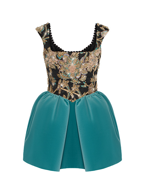 Embroidered Jacquard & Velvet Mini Dress, 1