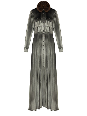 Grey Velvet Maxi Dress with Fur Collar, 1