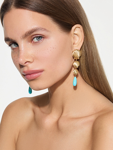 Long yellow gold earrings with turquoise, 2