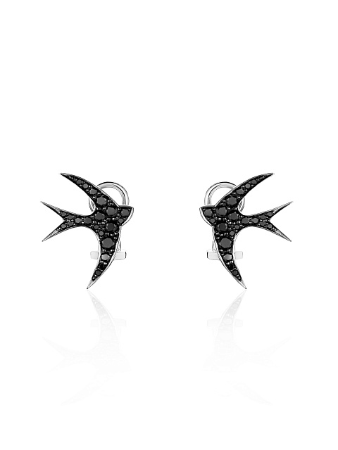 Bird-shaped white gold stud earrings with black diamonds, 1