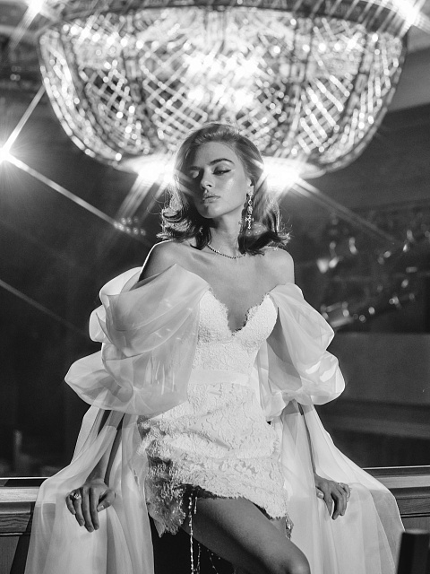 White Lace Organza Sleeve Mini Dress, 6