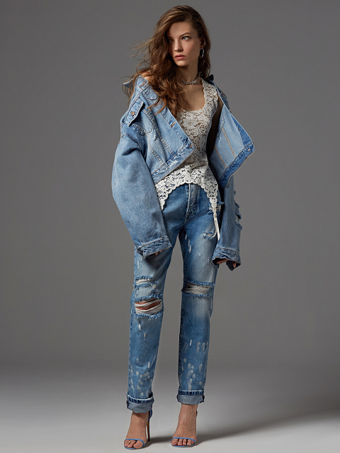 Blue Distressed Cotton Jeans, 5