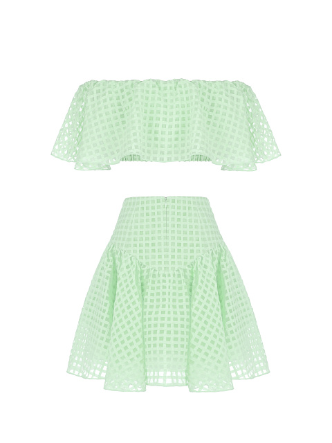 Lime Green Checked Chiffon Top & Mini Skirt, 2