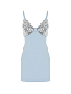Платье-мини из голубого джерси, лиф-бант в серебристую пайетку, молния по спинке